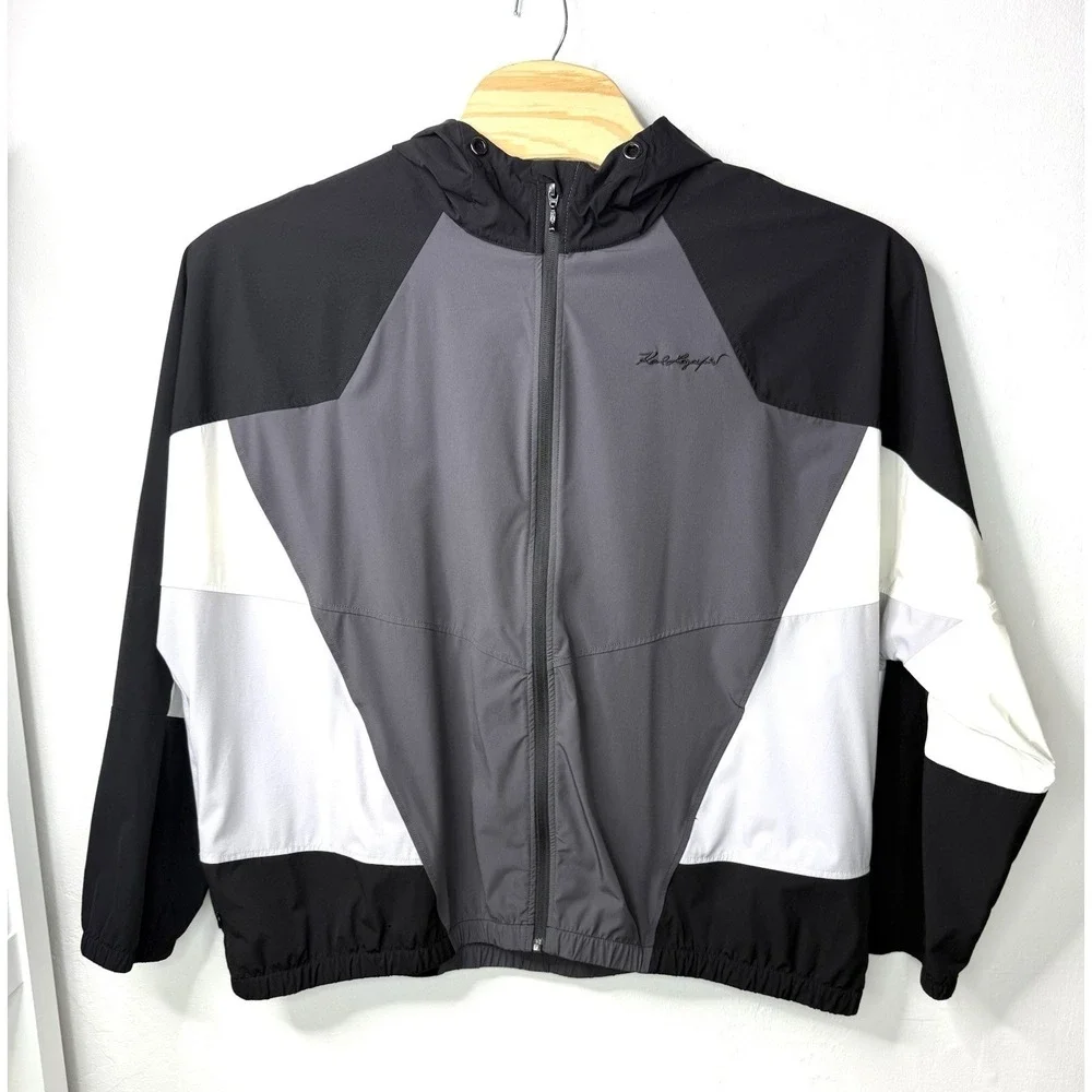 KARL LAGERFELD Paris Hooded Windbreaker Jacket XXL Colorblock Zip -3164